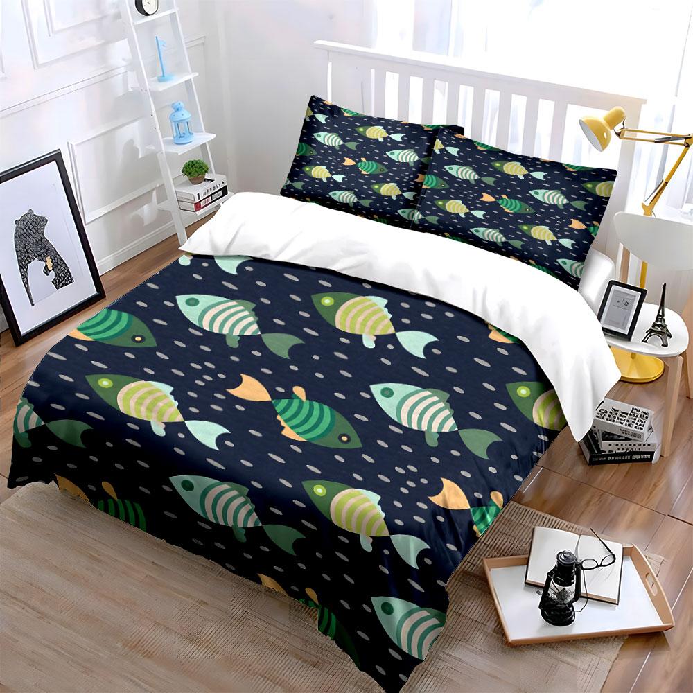 Striped Fish Pattern Design Bedding Duvet Cover Set (1*Duvet Cover 2*Pillowcases, without duvet insert)