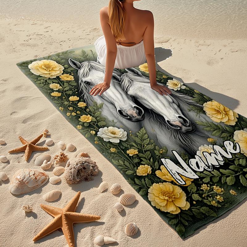 Custom Name Ultra-Soft Beach Towel with Horse Theme,Ideal for Pool - Camping, Diving - Perfect Travel Essential, Vibrant Beach Towel.