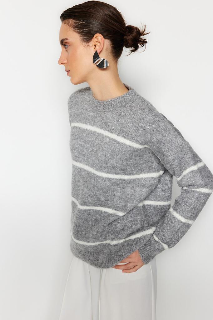 Women's Elegance Style Sweater Stone Boucle Striped Knitwear Sweater