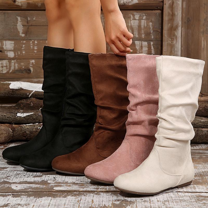 Autumn Winter Pink Mid Calf Boots Women 2025 Fashion Faux Suede Pleated Boots Woman Plus Size 36-42 Flat Heel Long Botas Mujer
