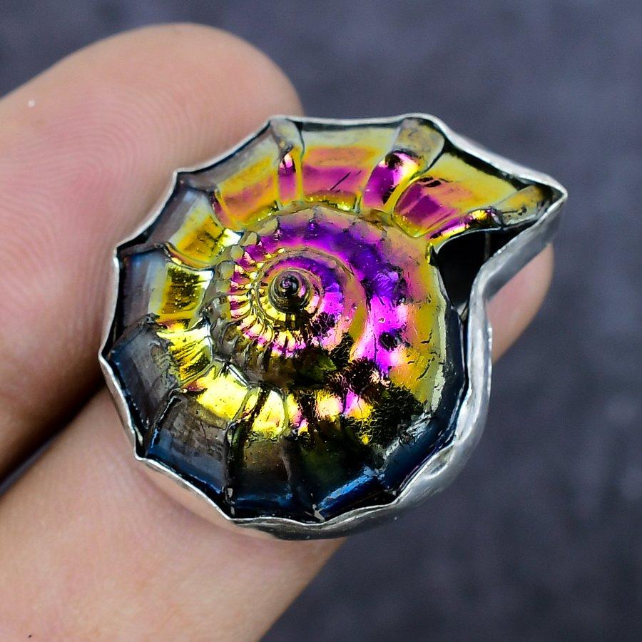 Anello in Argento Sterling 925 con Pietra Preziosa di Ammonite in Titanio Naturale Misura 7 V5Z19
