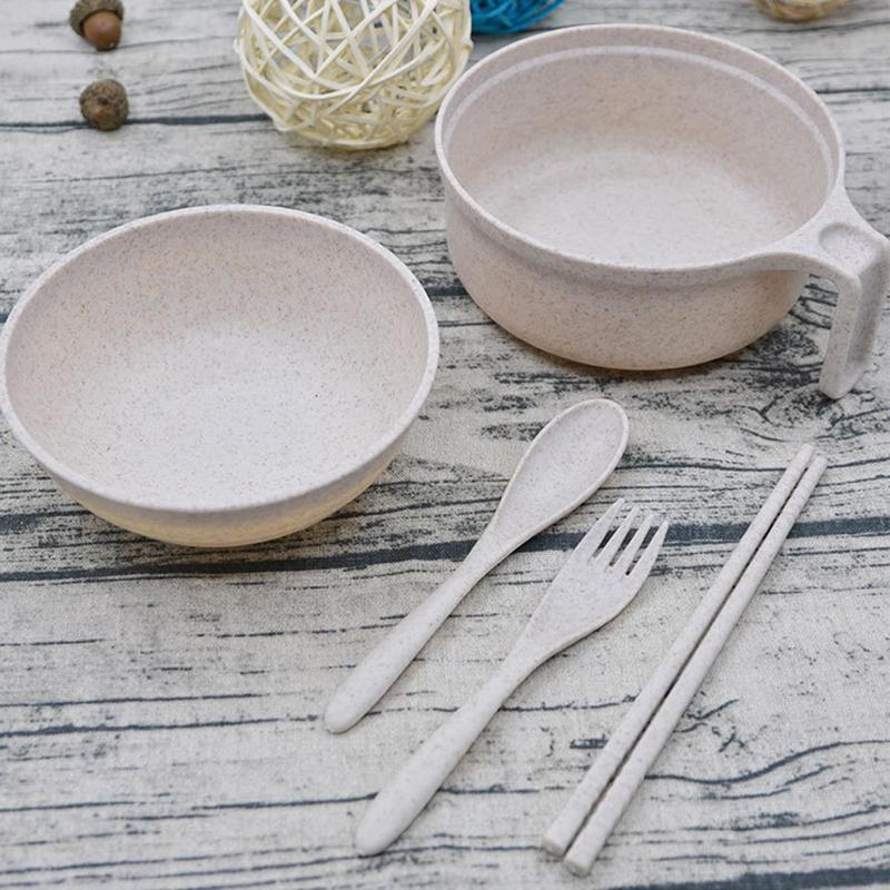 Microwave Ramen Cooker Instant Noodles Bowl with Handle Wheat Straw Tableware with Spoon Chopsticks Fork Dorm Kitchen dinnerware