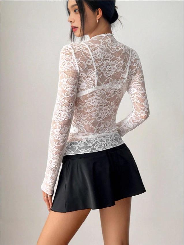 Elegant Long Sleeve Rose Lace Hollow Top - Women's French Design 2025