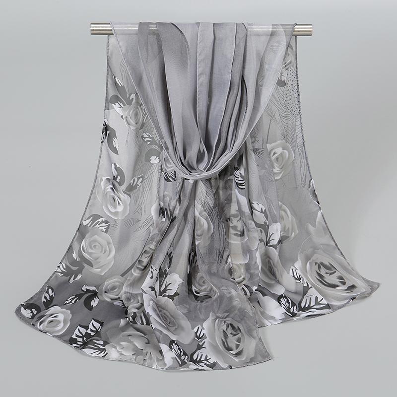 Nuova Sciarpa in Seta Chiffon Stampata a Rose Donna Stola Leggera Protezione Solare Estiva da Esterno Scaldacollo Lungo 150*50Cm