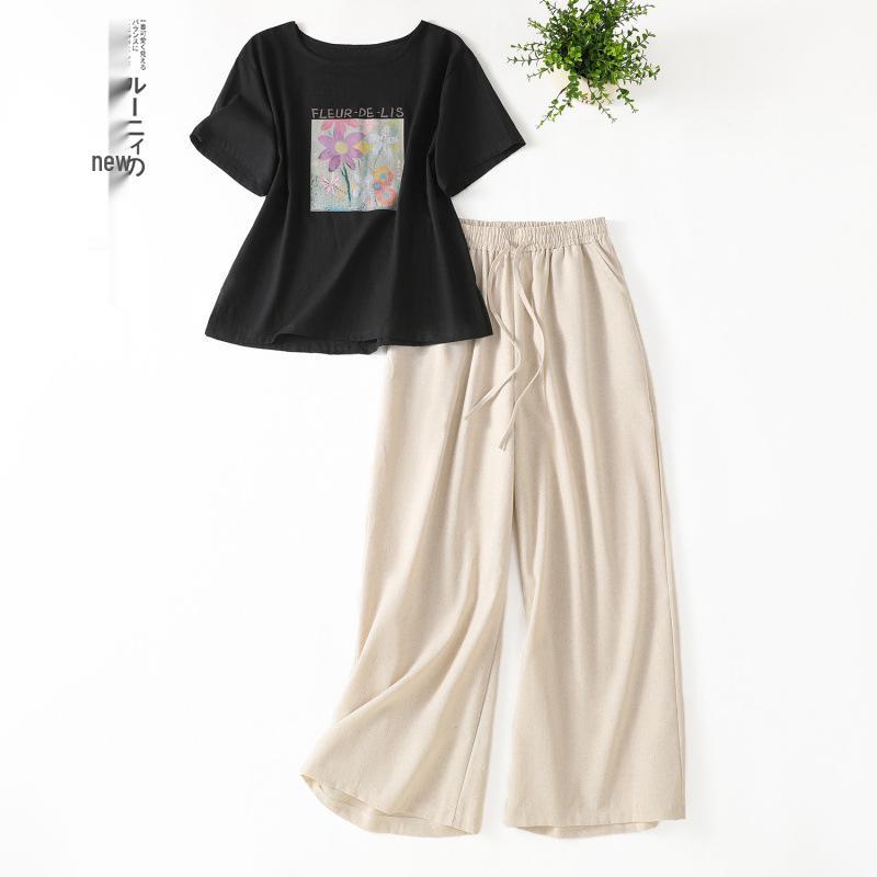 

Retro Print Top & Linen Cotton Suit: Women s Loose Round Neck Mid-Sleeve Pullover Casual 2-Piece Set XL