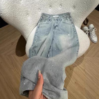 Women S Rhinestone Wide Leg Denim Jeans Spring Autumn Loose Fit
