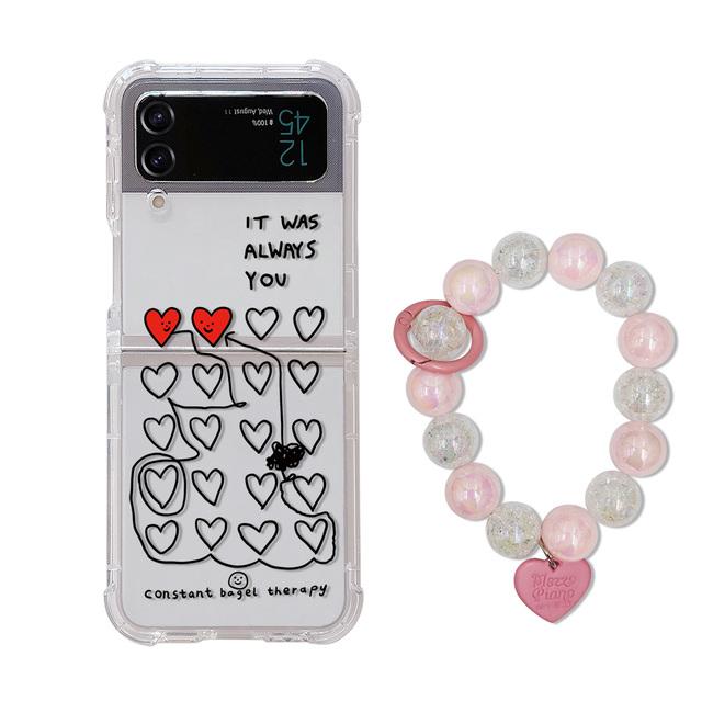 For Samsung Galaxy Z Flip 4 3 Case Love Heart Pattern Painted Transparent Silicone Bracelet Folding Shockproof Cover Accessories