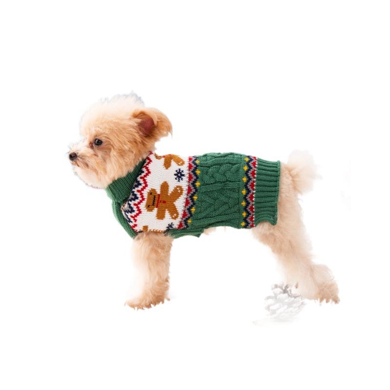 Pet Christmas Clothes in Red and Green Gingerbread Man Reindeer Sweater for Small Dogs and Cats, Winter Warmth