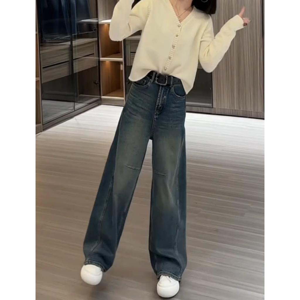 Women's High Waist Narrow Wide Leg Jeans Loose Fit Office Commuter Non Stretch American Retro Denim Pants