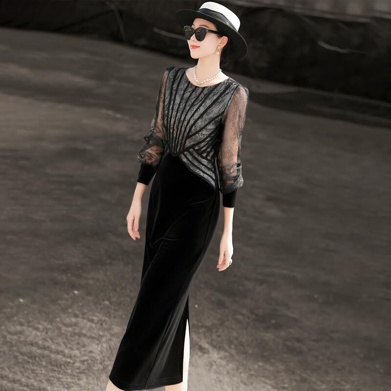 Lancesher Elegant Lace-Paneled Velvet Dress S