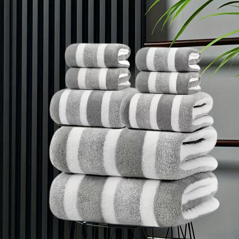 8pcs Set, No Hair Loss, Super Water Absorption, Super Soft Five-Star Hotel Standard Two-Color Striped Interval Bath Towel Combination