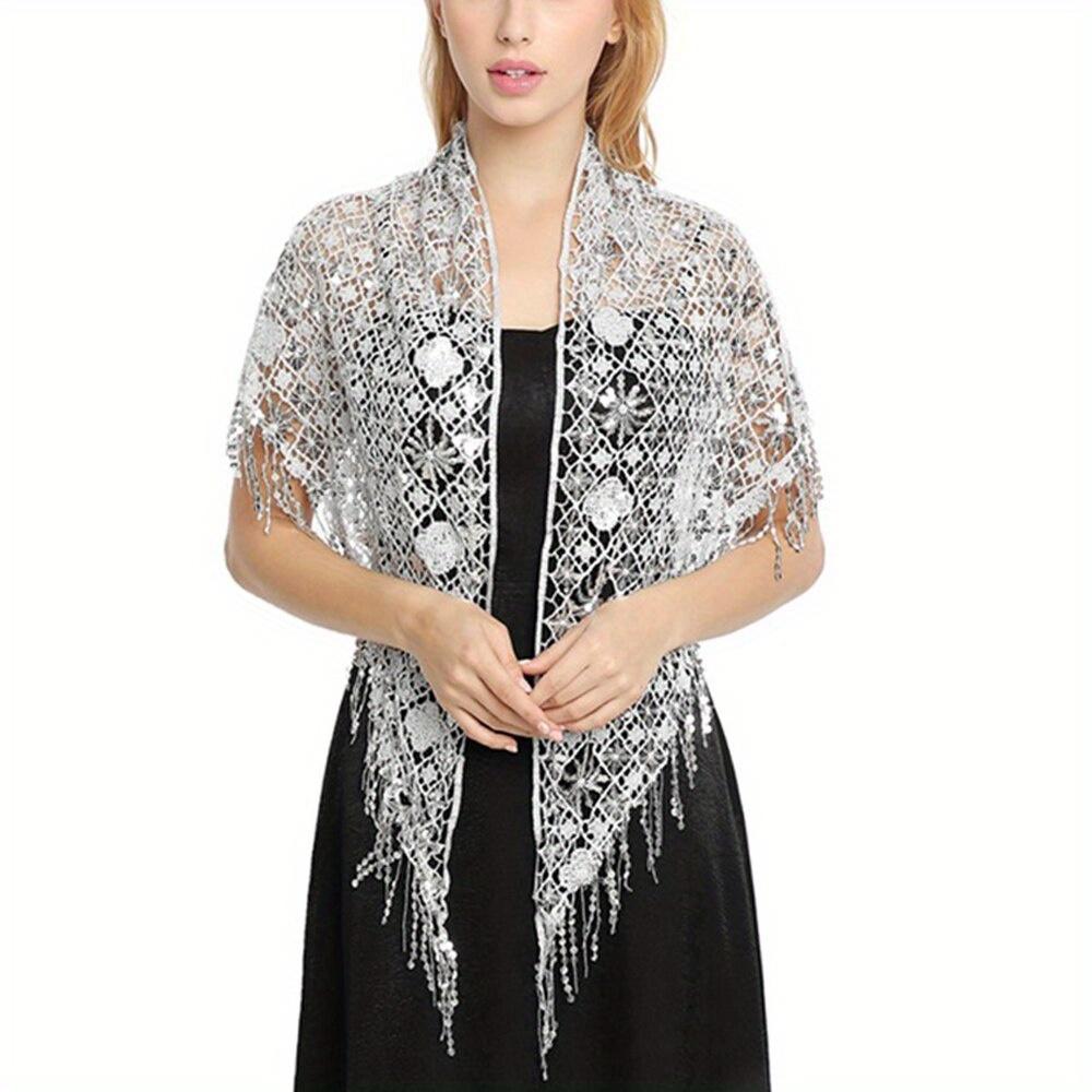 Hollow Triangle Sequin Lace Shawl Bridal Wedding Women Luxury Party Wrap Female Shiny Glitter Stole Club Scarf with Tassel
