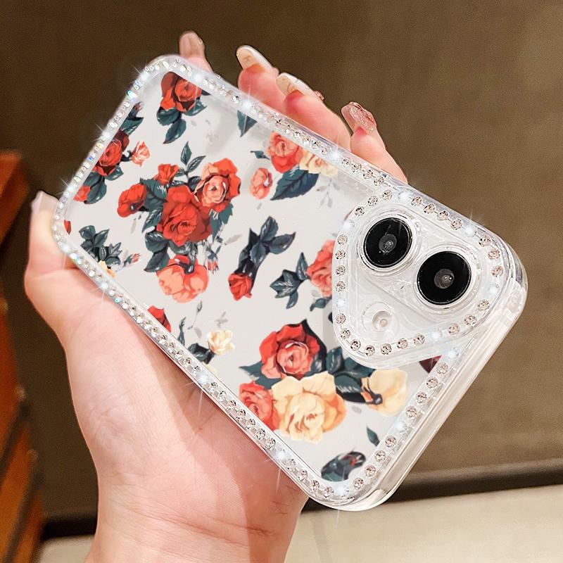 Diamond Frame Clear Anti-Fall Phone Case For iPhone 16E 16 Pro 15 Pro Max 14 13 12 11 Floral Print Soft Silicone Shockproof Bumper Cover