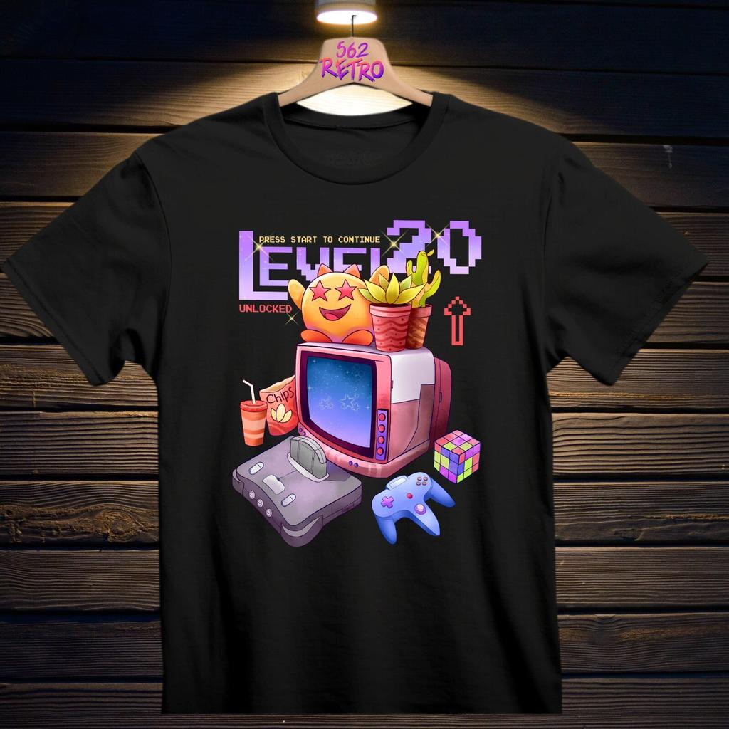 Level 20 Old School Gamer 90s 64Bit Retro Video Game Unisex Black T-Shirt S-3XL