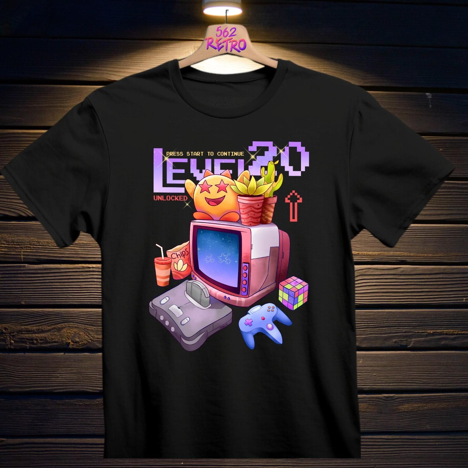 Level 20 Old School Gamer 90s 64Bit Retro Video Game Unisex Black T-Shirt S-3XL XL
