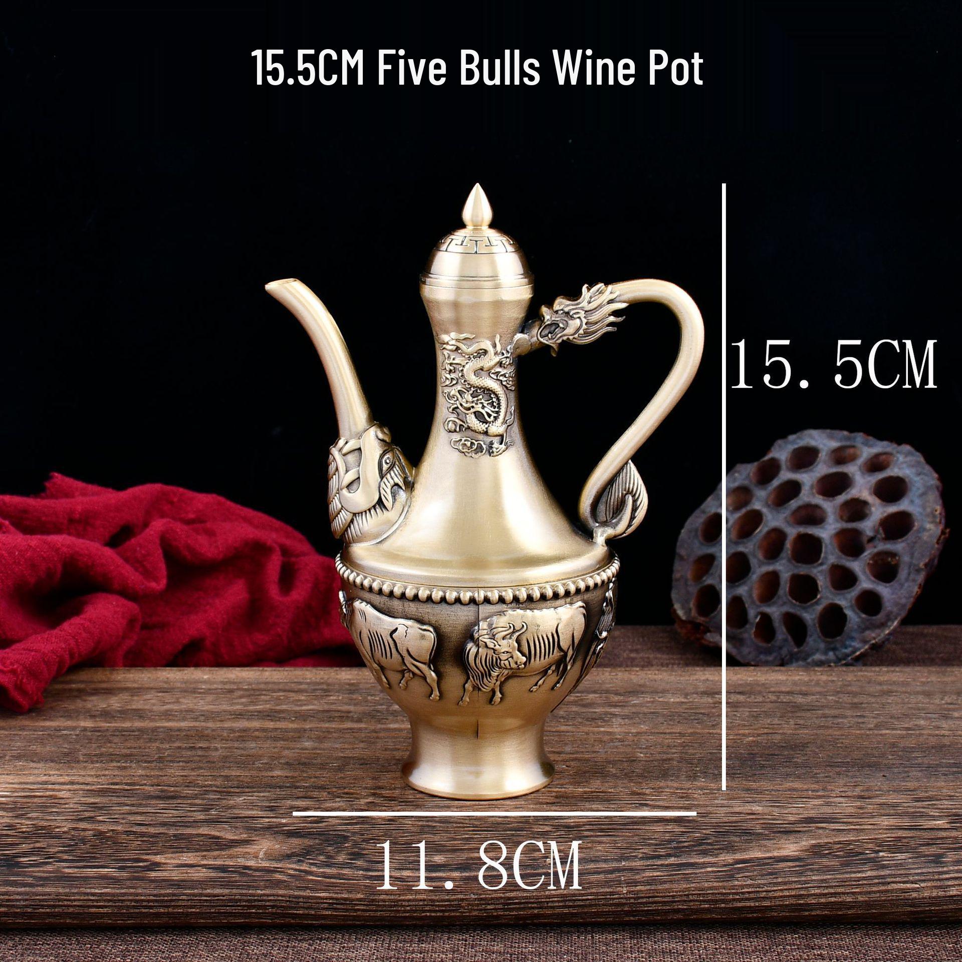 Pure Brass Five Bulls Landscape Wine Pot with Leaping Fish - Creative Office and Home Decor