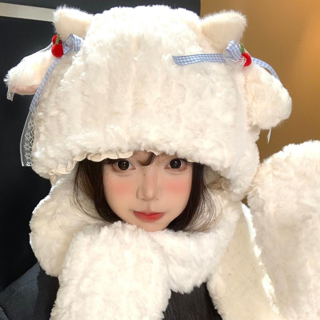 2025 sweet and cute little cashmere hat and scarf integrated women's winter velvet thickened warm and cold ear protection