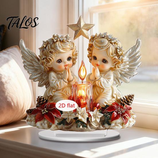 LED Lighted Figurines 2D Acrylic Christmas Angel Figurine with Warm Lights, Glowing Holiday Tabletop Table Decorations Decor for Home Living