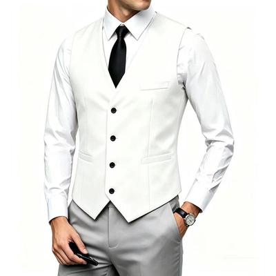 Mens White V-Neck Single Breasted Suit Vest