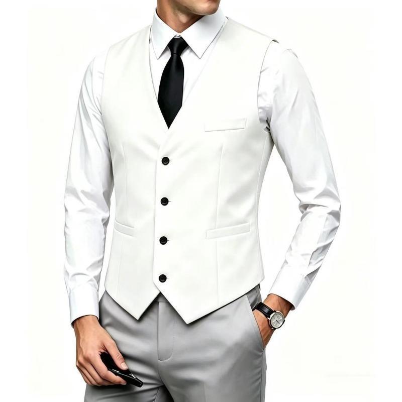 Mens White V-Neck Single Breasted Suit Vest