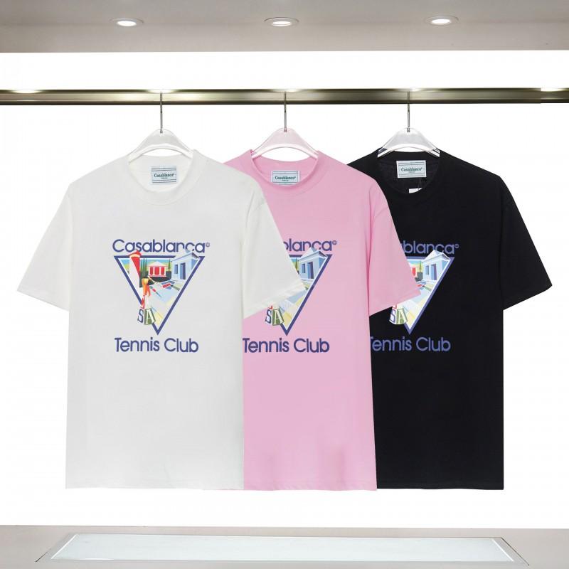 Casablanca Style Short Sleeve T-Shirt Men Women Blue Letter Print Casual Top