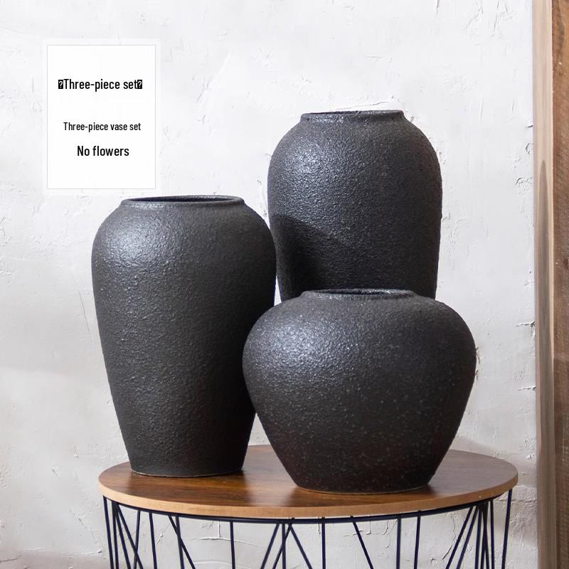 Jingdezhen Black Coarse Pottery Floor Vase: Modern Minimalist Japanese Decor for Hotel, Homestay, or Living Room.