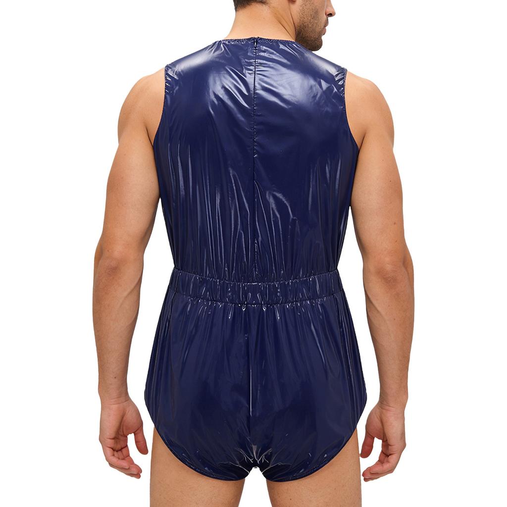 Mens Waterproof Bodysuit Sleeveless Openable Crotch Buttons Back Zipper Elastic Waistband Romper