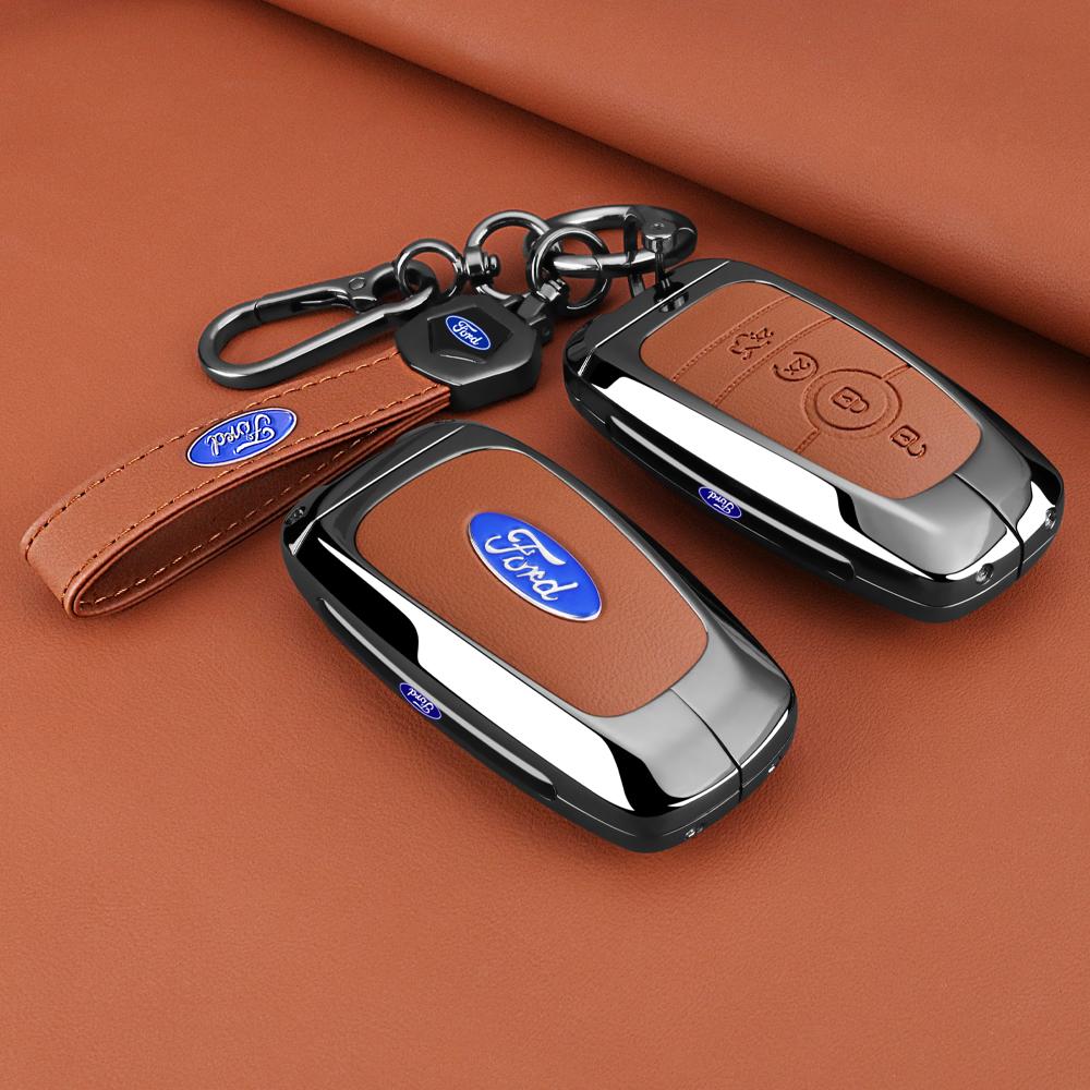 Leather Car Smart Key Case Cover Alloy Protect Shell For Ford F150 Explorer Edge Escape Mondeo Mustang Auto Accessories Sticker