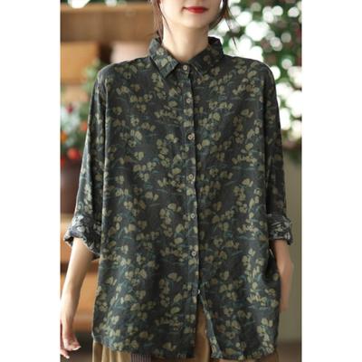 Women's Retro Floral Print Oversized Long Sleeve Shirt Loose Casual Button-Down Blouse
