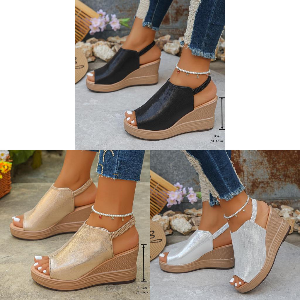 Roman Sandals For Women Summer Thick Sole Pu Fish Mouth Slip On With Elastic Band
