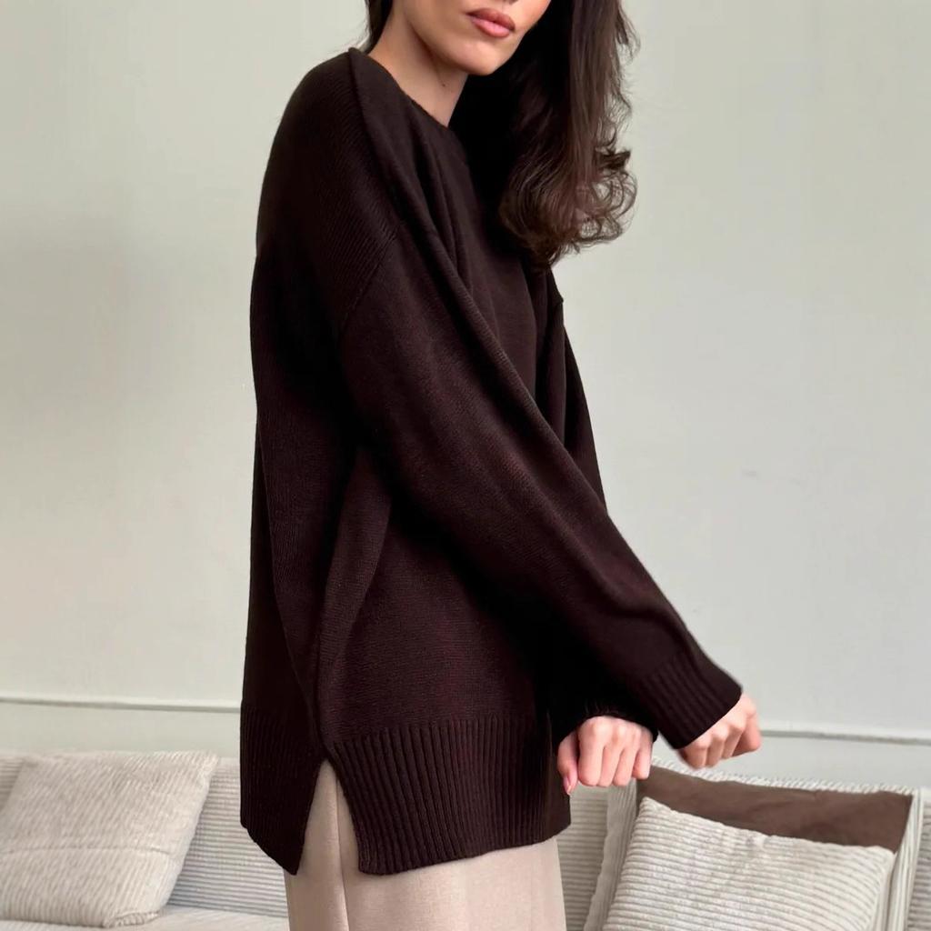 Crew neck pullover sweater, European & American 2025 autumn/winter slit solid color knit sweater, versatile warm casual sweater for women
