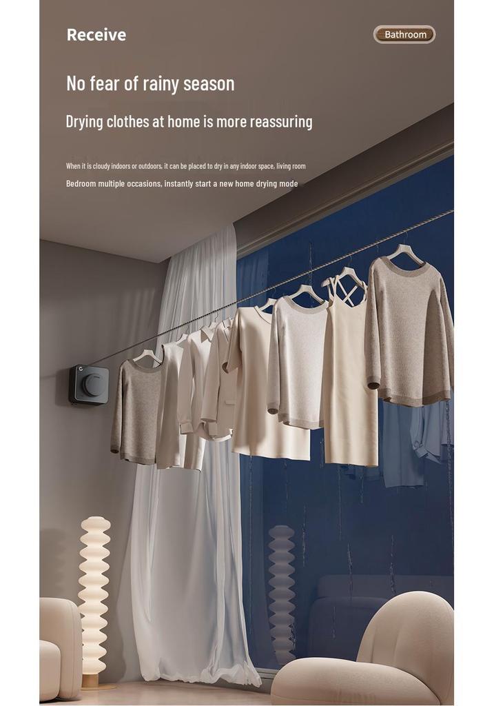 Indoor No-Drill Retractable Clothesline - Windproof Tightening Steel Wire for Bathroom and Balcony
