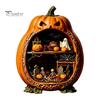 Indoor Halloween Ornaments Centerpiece Pumpkin, Wooden Pumpkin Ornament with Miniature Scenes, Rustic Unique Table Centerpieces Skeleton for Farmhouse
