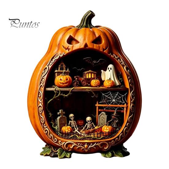 Indoor Halloween Ornaments Centerpiece Pumpkin, Wooden Pumpkin Ornament with Miniature Scenes, Rustic Unique Table Centerpieces Skeleton for Farmhouse