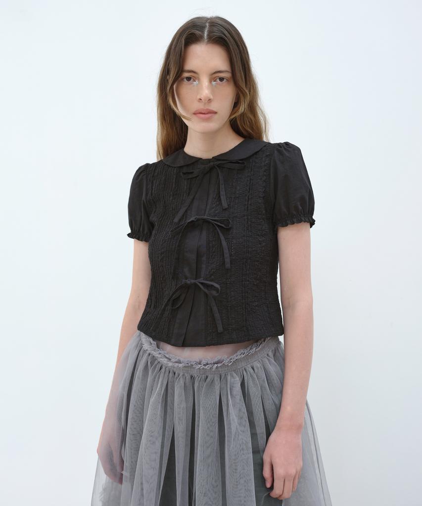 Aobteu Cotton Embroidery Puff Blouse - Black