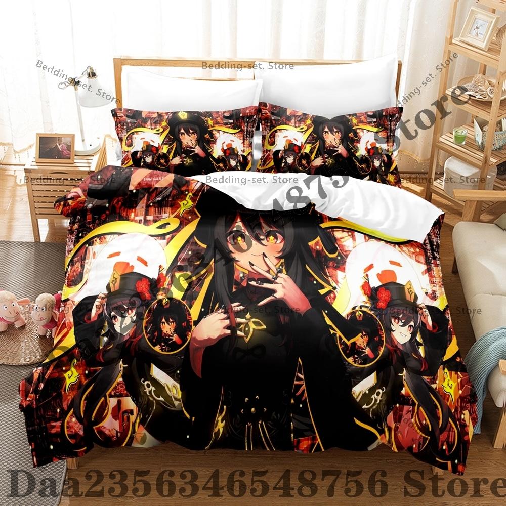 Personality Anime Hu Tao Bedding Set AniThree Piece Bedding Set - Luxury Comforter Set with Queen King Size Including pillowcase