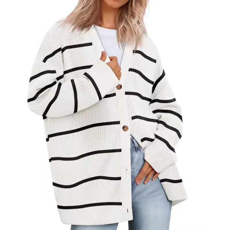 Lässiger, einfarbiger Strickjackenpullover für Damen mit V-Ausschnitt, langen Ärmeln und Knopfleiste, warmer Pullover für Damen, weicher, bequemer, warmer, einfacher Pullover