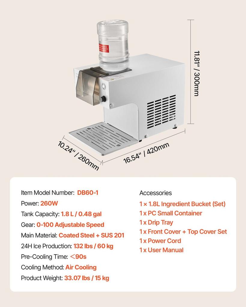 Snowflake Ice Machine, 60KG/24H Snowflake Ice Maker, Ice-Shaver Machine with Stainless Steel Blade, Electric Snow Cone Maker with 1.8L Tank, 90S Fast
