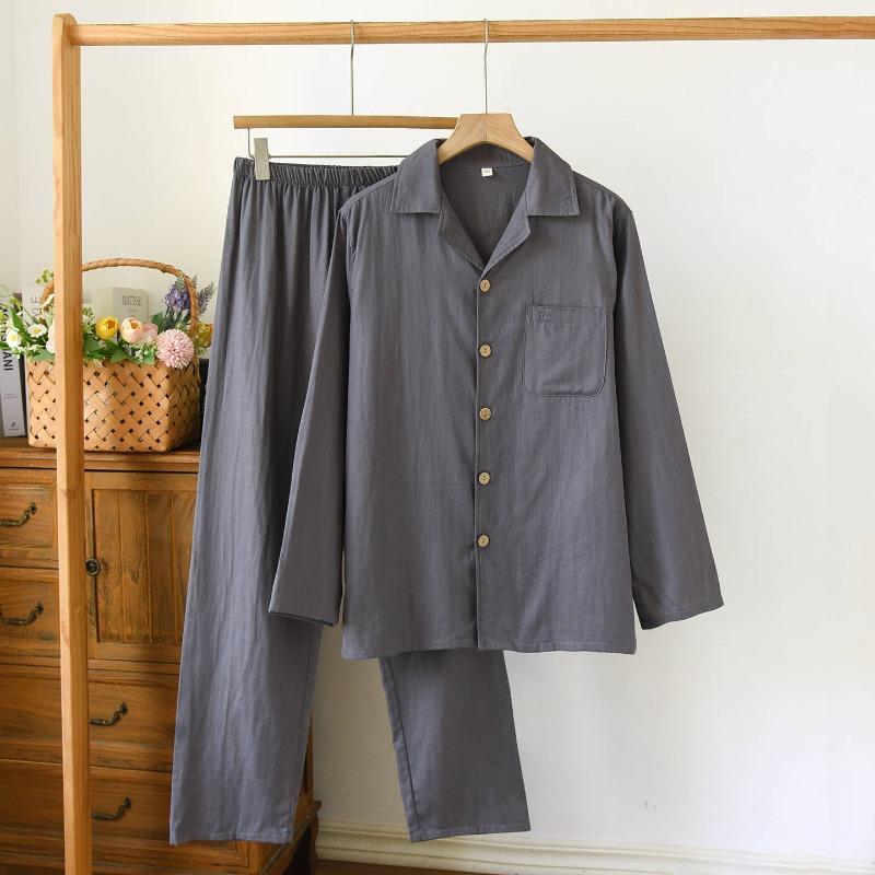 Nuovo Set Pigiama da Uomo Primavera e Autunno 100% Garza di Cotone Colore Unito Taglia Lunga Manica Lunga Abbigliamento per la Casa Set Due Pezzi