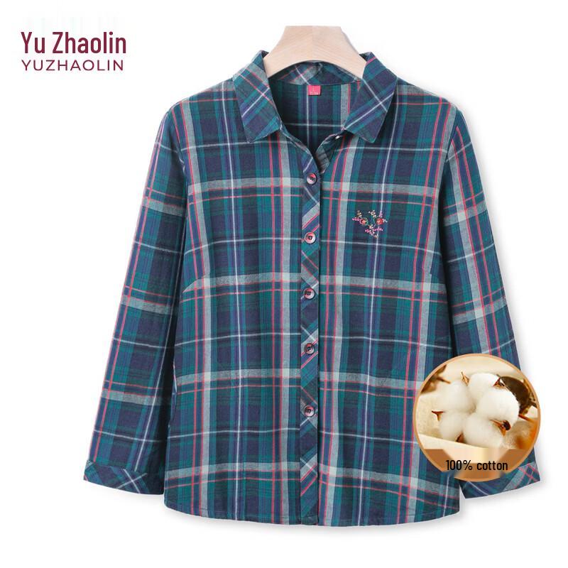 YUZHAOLIN Women s Plaid Cotton Long-Sleeve Shirt 3XL