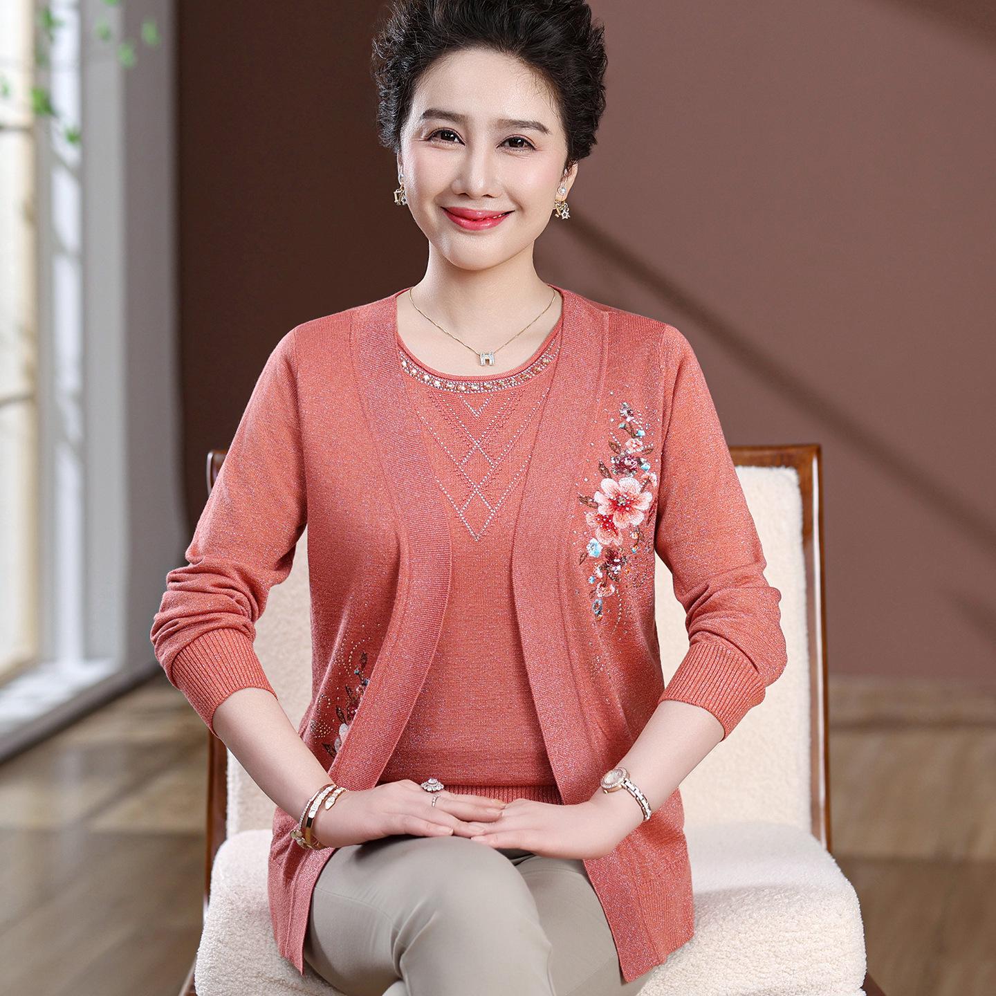 

Mom s Festive Knitwear Set: Spring/Autumn Two-Piece Outfit for Mother-in-Law s Wedding, Plus Size Top for Middle-Aged Women 3XL (approx. 60-67.5 kg)