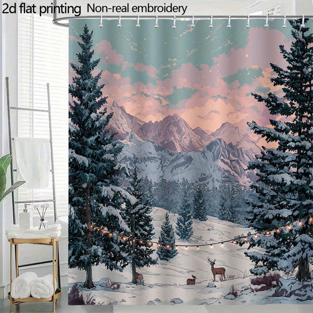 

Snowy Mountain Deer Shower Curtain – Pine Trees, String Lights, 2D Flat Print, Polyester, 70.8 X70.8 Inches W60H190(CM)-1 Pcs