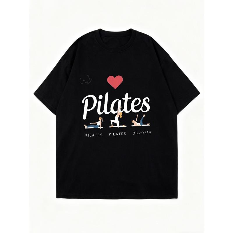Pilates T-Shirt Schwarz Pilates Herz und Posen Druck für Workout- und Gymnastikkleidung