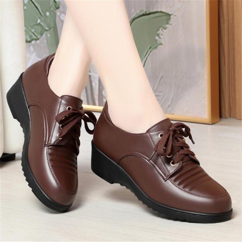Brand Soft Leather Women Shoes Round Toe Casual Comfortable Women's Wedge Shoes Fashion Mother Shoes Lady Office High Heels