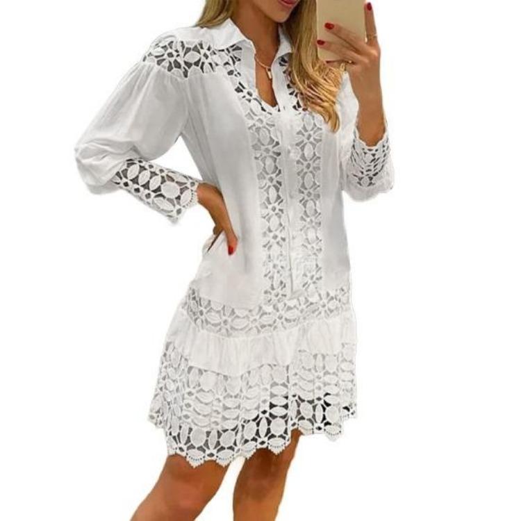 Women Mini Shirt Dress Long Sleeve Lapel Hollow Lace Splicing Design S белый