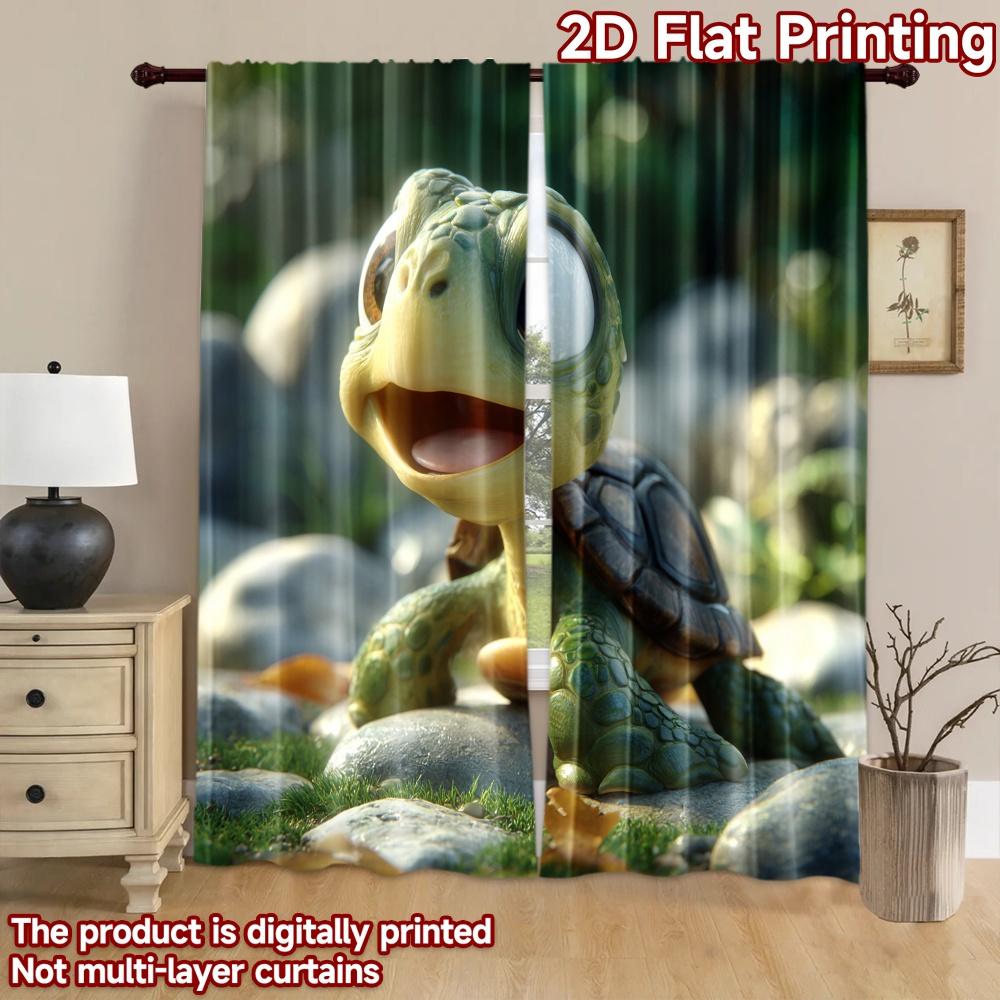 2D Flat Printing 2pcs Curtain Cute Turtle Outdoor Nature Digital Printed Polyester Drapes Holiday Decorations for Photo Booths &