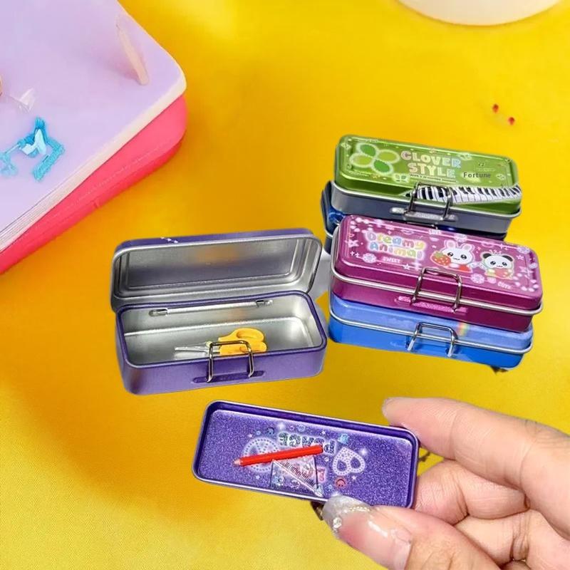 Dollhouse Miniature Double Layer Iron Pencil Box Pen Ruler Measuring Tape Scissors Model For Doll House Decor Pretend Play Toys