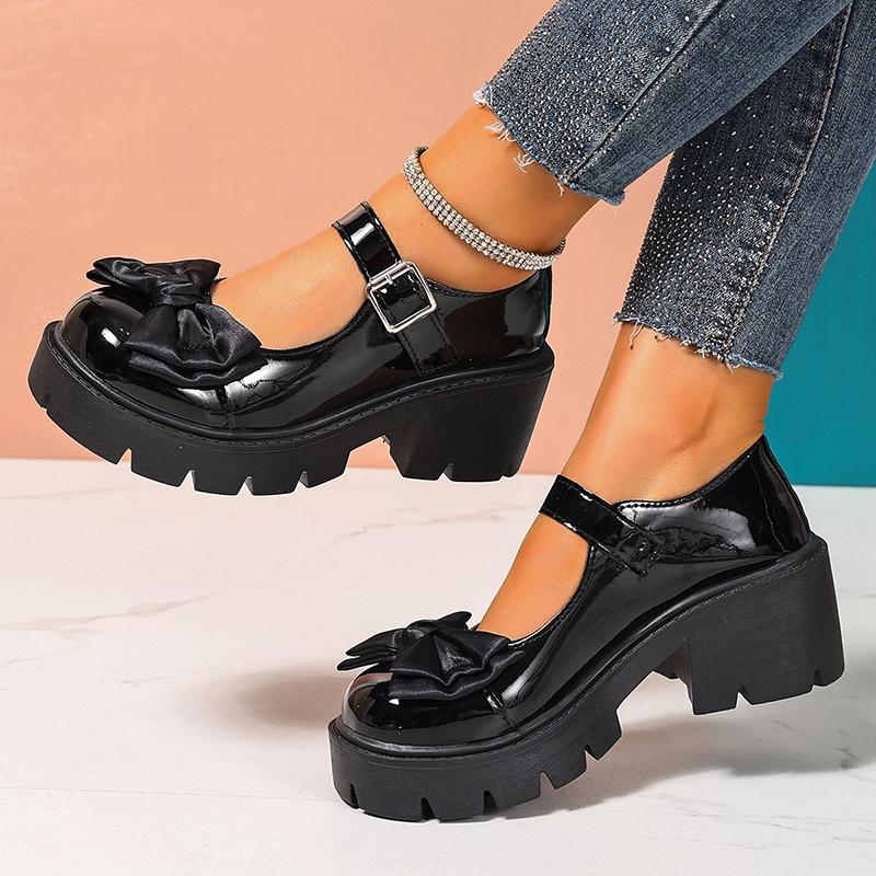 

Fashion Fashion Bowknot Mary Jane Platform Shoes Woman Black Patent Leather Chunky Heel Pumps Women Plus Size Buckle Strap Lolita Shoes 35 чёрный