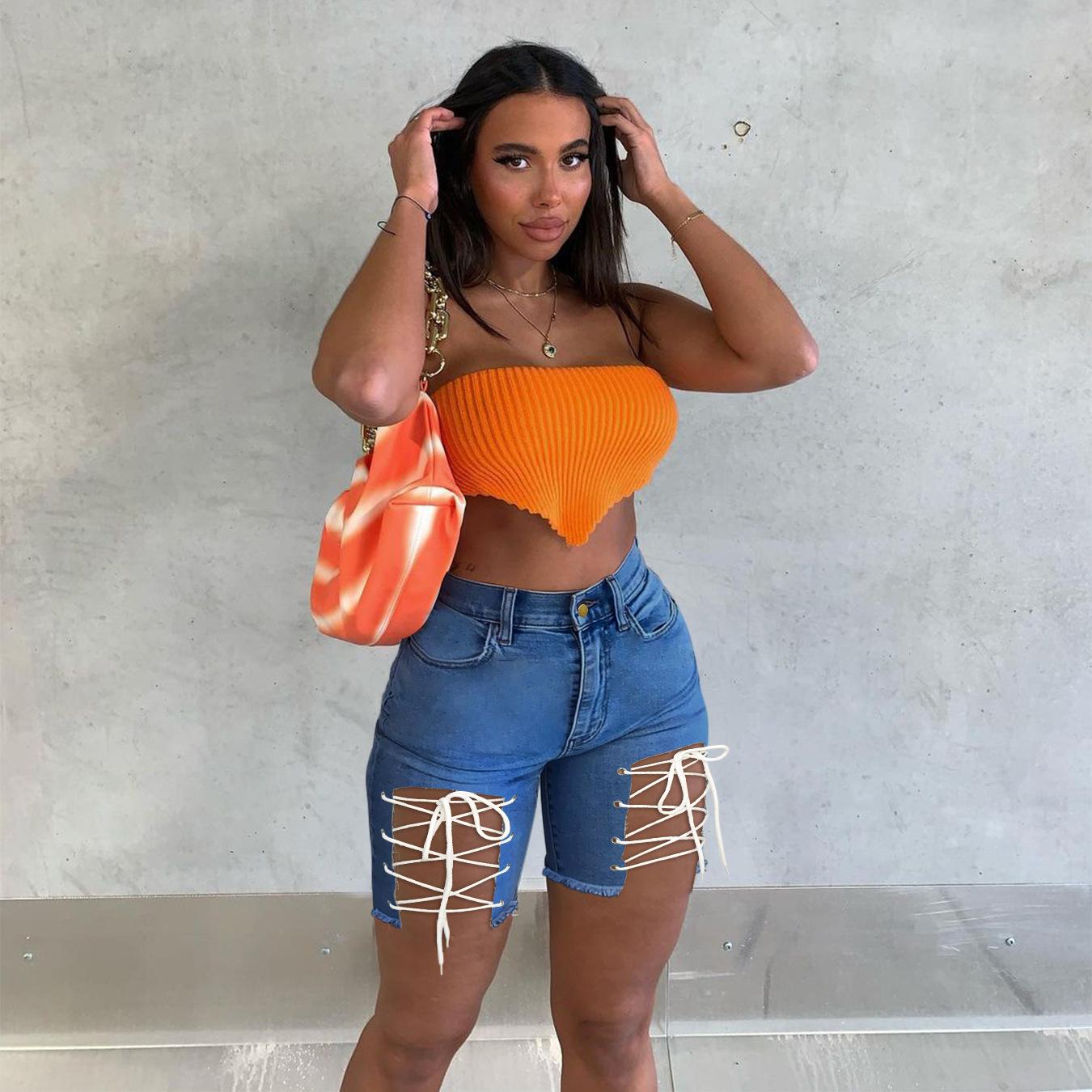 

FGHJ Летние женские джинсовые шорты Брюки для ночного клуба Высокая талия Сексуальные джинсовые шорты с ремешками XXXL синий