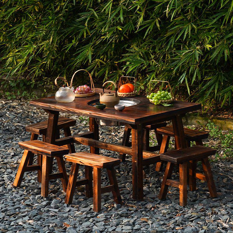 Outdoor Anti-corrosion Fire Pit Tea Table with Solid Wood and BBQ Function, Includes Indoor/Outdoor Chairs for Home Use